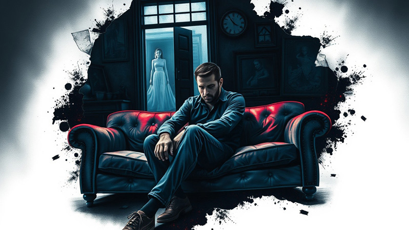 A man slumped on a worn-out couch in a dark room. Faint silhouette of a woman walking away through a broken door.