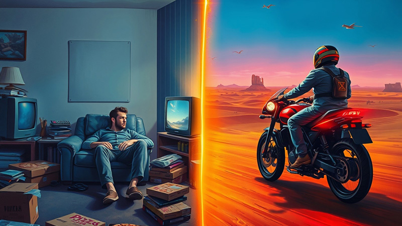 Two versions of the same man — one surrounded by monotony in a cluttered room, the other riding a motorcycle under neon lights. Visual metaphor for effort versus laziness in relationships.