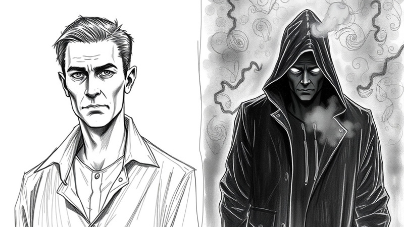Two contrasting silhouettes of the same man. One fully exposed in harsh light, the other cloaked in darkness with glowing eyes. Symbolizes the power of mystery and allure in attraction.