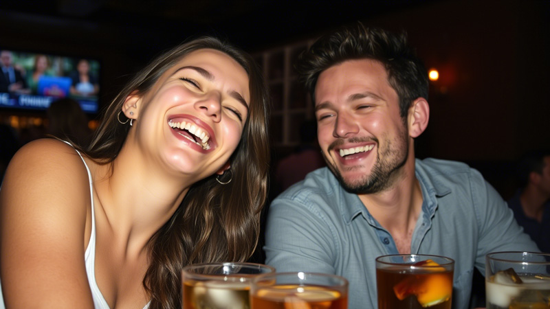 Man and woman laughing together over drinks