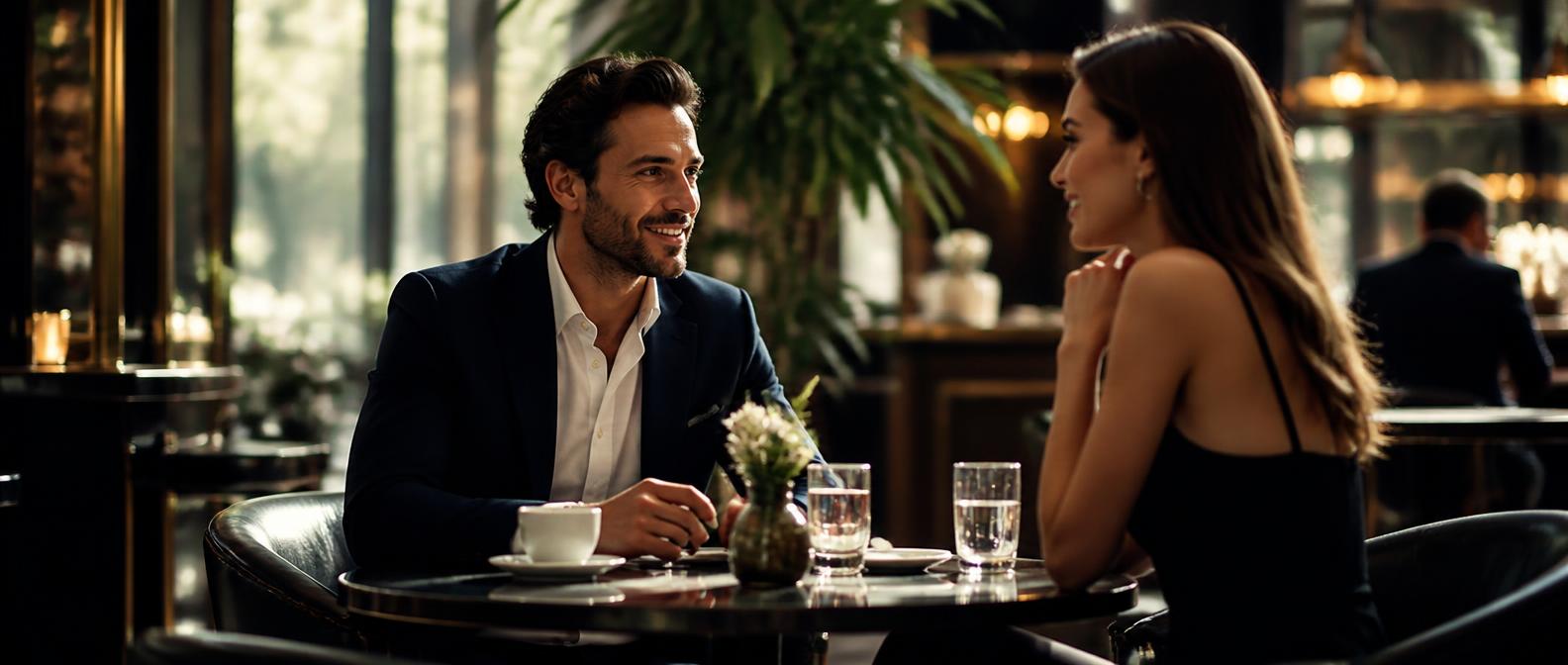 Confident man talking to a woman in a cafe